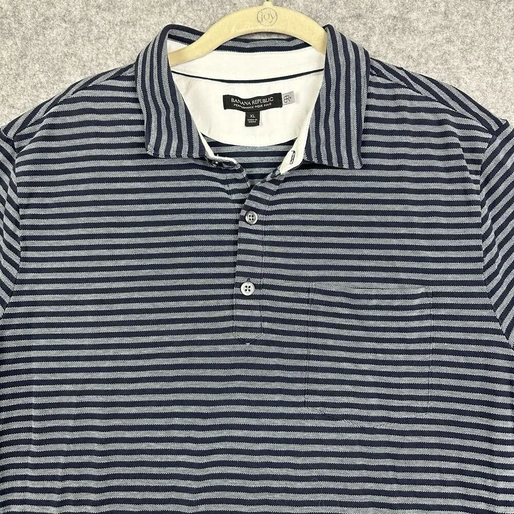 Banana Republic Performance Pique Polo Shirt Mens XL Blue Striped Short Sleeve
